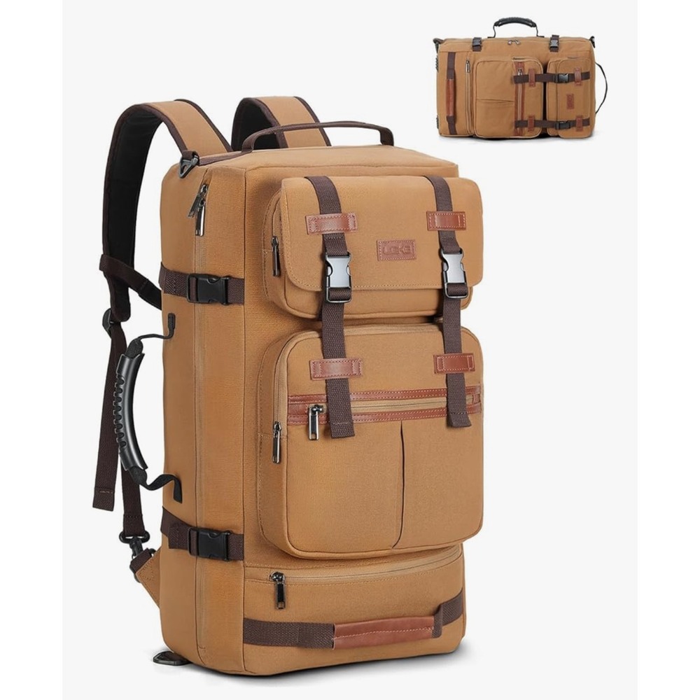 Leke‎ 3-in-1 Convertible Travel Backpack Khaki Canvas 17.3 Laptop Bag 21x14x8